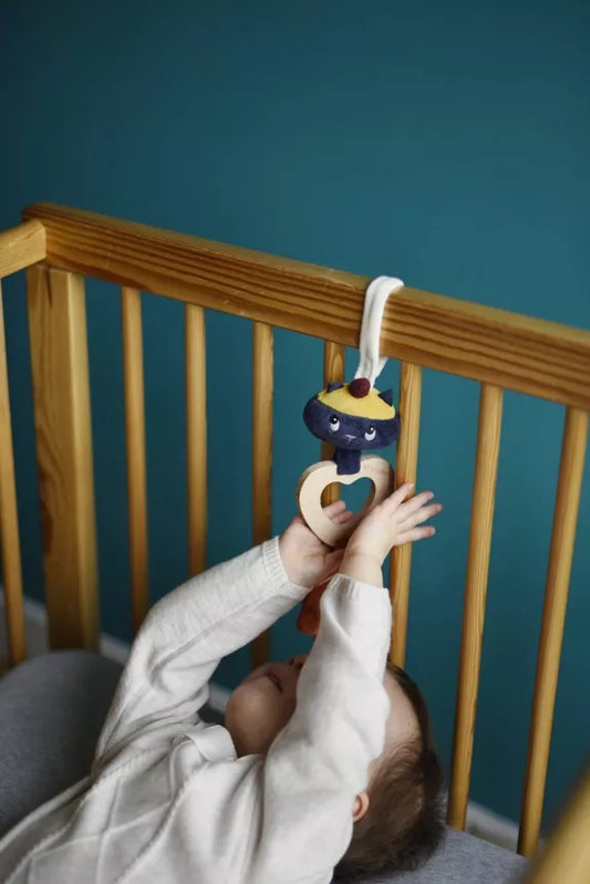 Hochet Chat en bois et tissu très doux, Papier bruissant, grelot