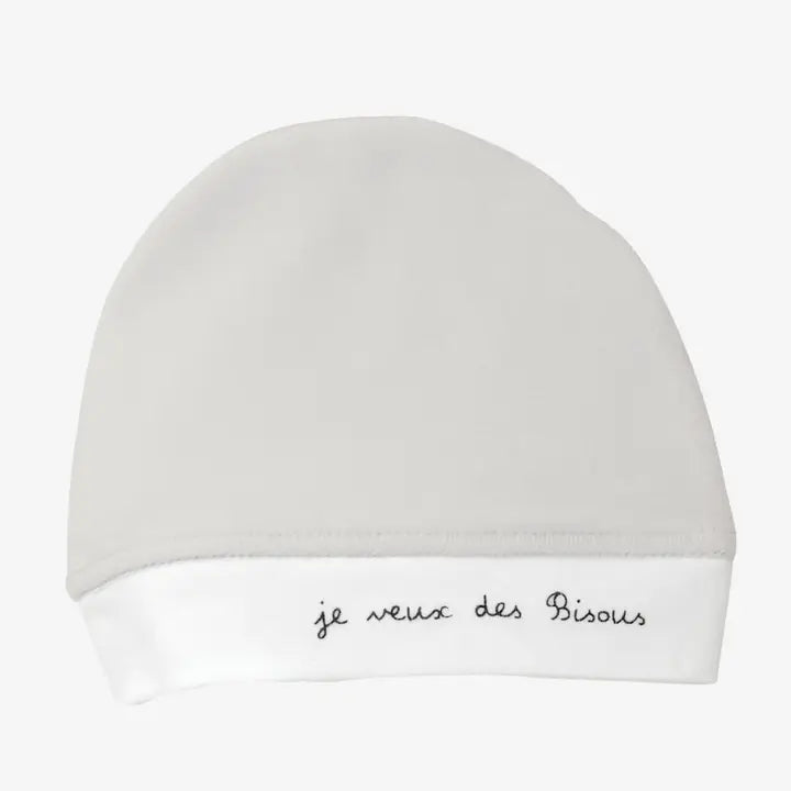 Bonnet naissance "je veux des Bisous" - Gris