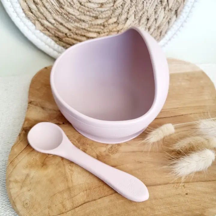 Bol en silicone avec cuillère et ventouse - Rose doux