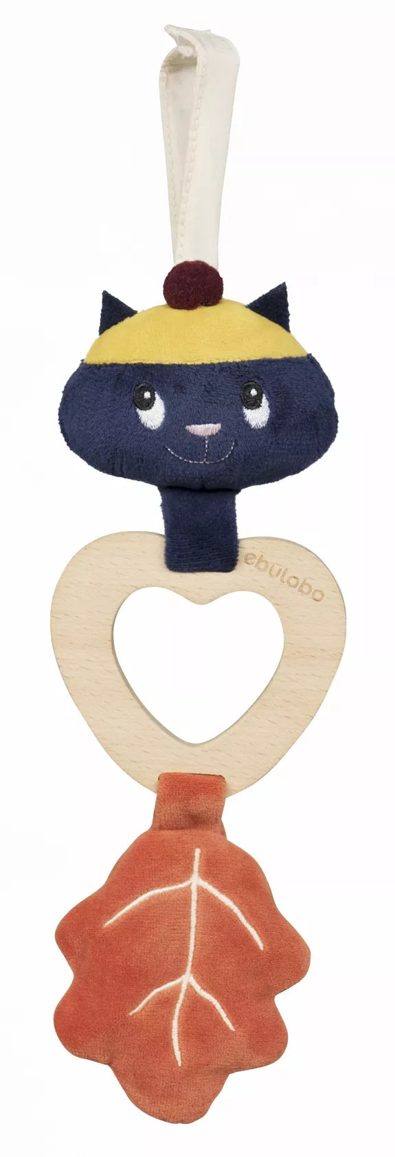 Hochet Chat en bois et tissu très doux, Papier bruissant, grelot