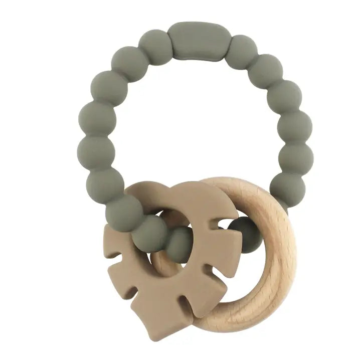Bracelet de dentition avec anneau en bois et feuille - Gris