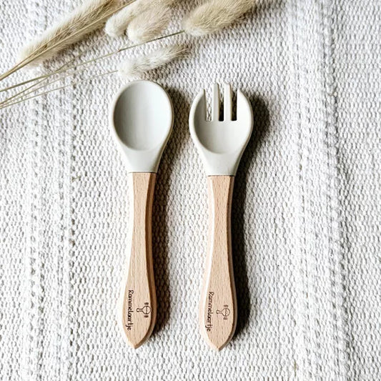 Cuillère et Fourchette en silicone avec Manche en Bambou