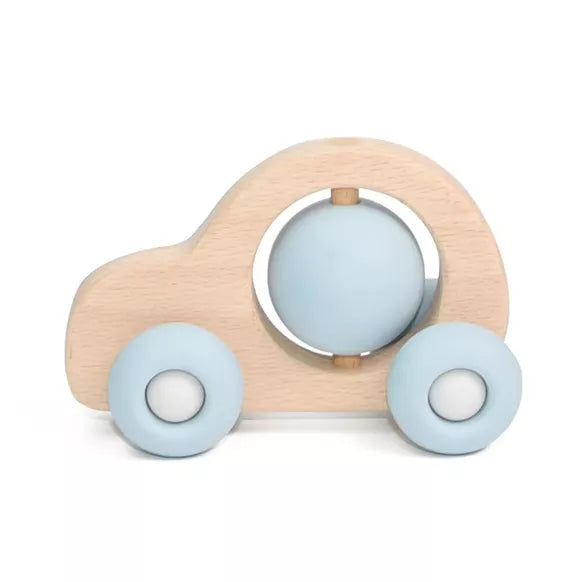 Petite voiture en bois avec roues en silicone - Bleu