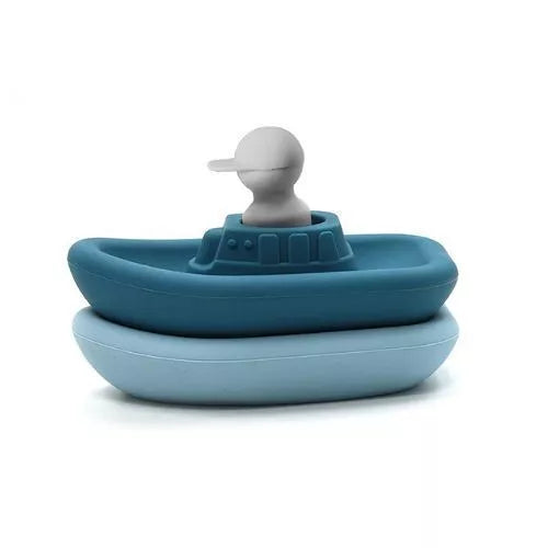 Jouet d'éveil pour le bain en silicone - Set de 2 bateaux + 1 capitaine - Bleu