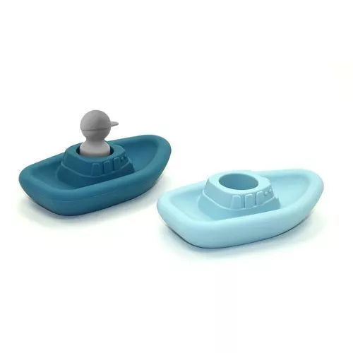 Jouet d'éveil pour le bain en silicone - Set de 2 bateaux + 1 capitaine - Bleu