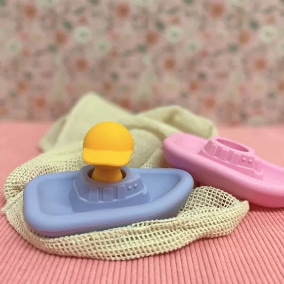 Jouet d'éveil pour le bain en silicone - Set de 2 bateaux + 1 capitaine - Rose