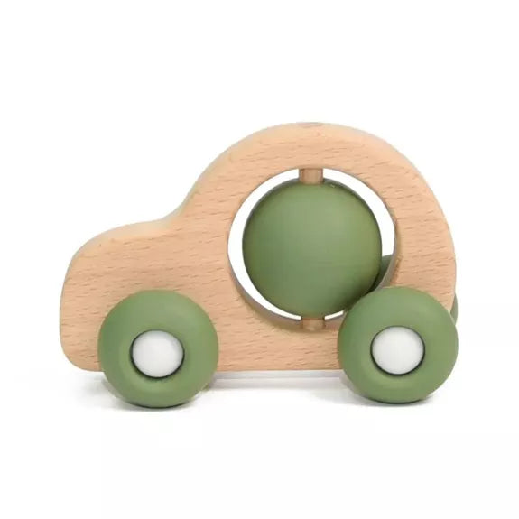 Petite voiture en bois avec roues en silicone - Vert Kaki