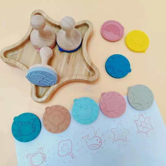 Jouet créatif - les tampons de la mer - bois et silicone - Pastel
