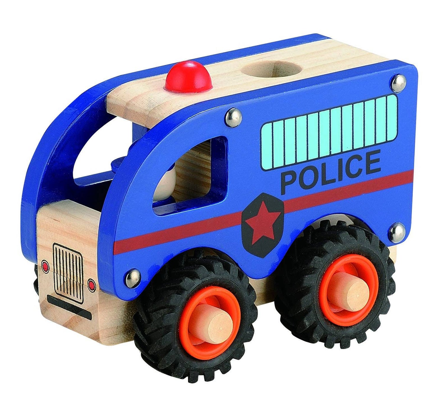 Voiture de police en bois avec roues en caoutchouc - bleue