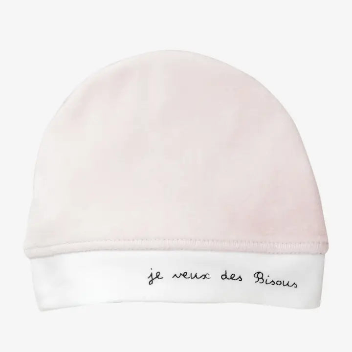 Bonnet naissance "je veux des Bisous" - Rose