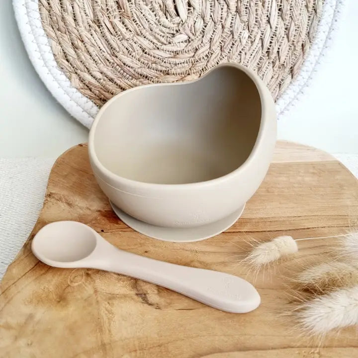 Bol en silicone avec cuillère et ventouse - Beige/Sable