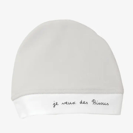 Bonnet naissance "je veux des Bisous" - Gris