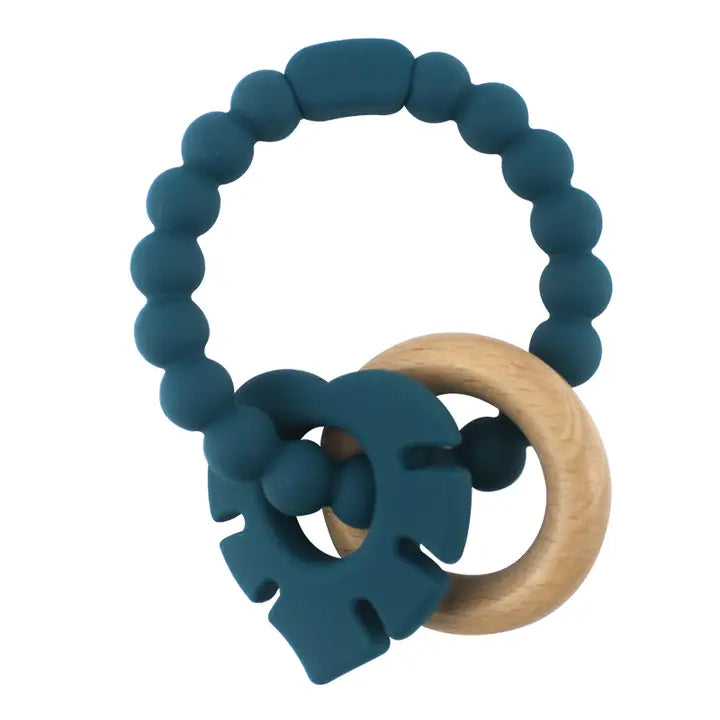 Bracelet de dentition avec anneau en bois et feuille - Bleu