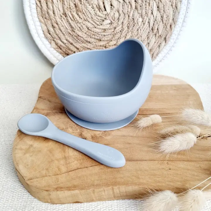 Bol en silicone avec cuillère et ventouse - Bleu/Gris
